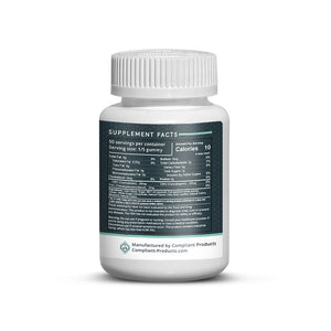 Back label of Compliant Products CBD gummies bottle showing supplement facts ingredients and serving information.