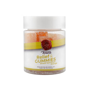 Partnered Reserve Relief Gummies broad spectrum orange flavor jar containing 750mg CBD with 30 count.