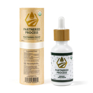 Partnered Process Partnered Proof broad spectrum hemp oil 2500mg tincture bottle with eco-friendly cardboard tube packaging.