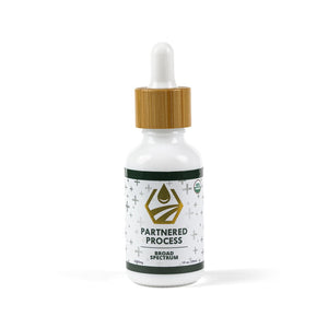 Partnered Process broad spectrum hemp oil tincture bottle with bamboo dropper cap and USDA Organic certification.