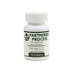 Partnered Process full-spectrum hemp oil extract bottle with 750mg of liquid-filled softgels.