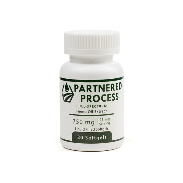 Partnered Process full-spectrum hemp oil extract bottle with 750mg of liquid-filled softgels.
