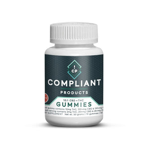 Compliant Products 10:1 CBD and THC gummies bottle containing 50 grams of dietary supplement gummies.