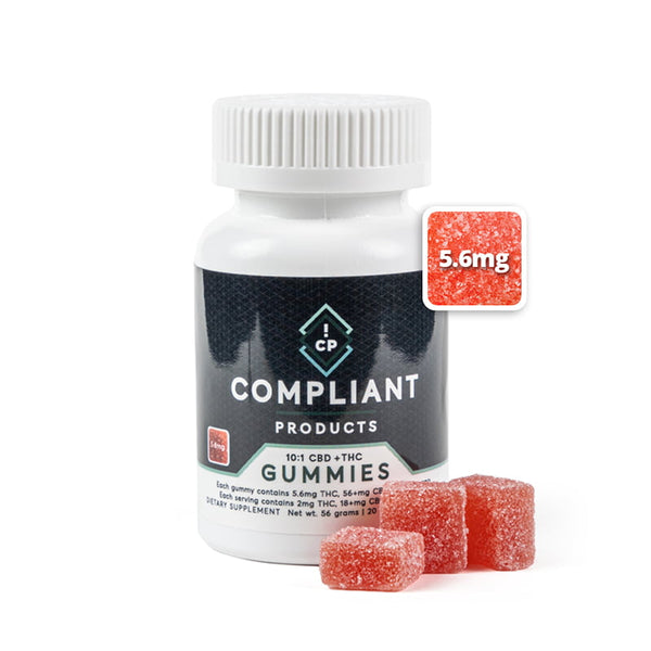 Compliant Products 10:1 CBD and THC gummies bottle with three 5.6mg red square gummies displayed in front.