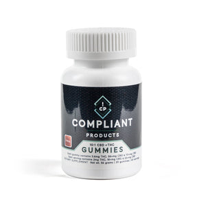 Compliant Products 10:1 CBD and THC gummies bottle containing 20 gummies with 5.6mg THC each.