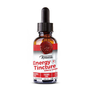 Amber glass dropper bottle of Partnered Reserve Cherry Limeade Energy Tincture with 500mg CBD and 500mg CBG.