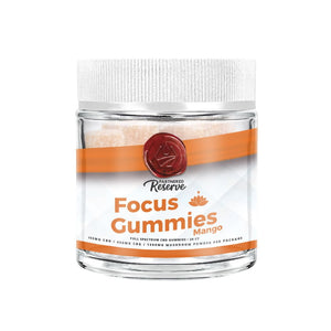 Partnered Reserve Focus Gummies mango flavor jar with CBD CBG and mushroom powder for mental clarity.