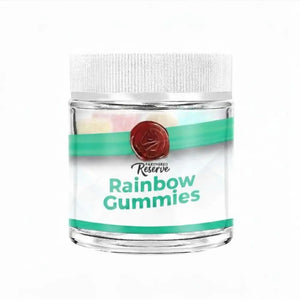 Clear jar of Partnered Reserve rainbow sherbet gummies with white lid and green label, 30 count.