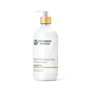 White pump bottle of unscented hemp lotion with bamboo-topped dispenser and Partnered Process label.