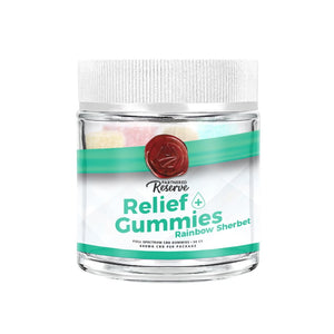 Partnered Reserve Relief Gummies rainbow sherbet flavor jar containing 600mg full spectrum CBD with 30 count.