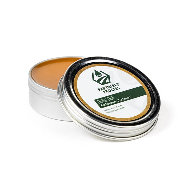 Open Partnered Process Relief Rub full spectrum CBD extract balm tin showing the topical salve inside.