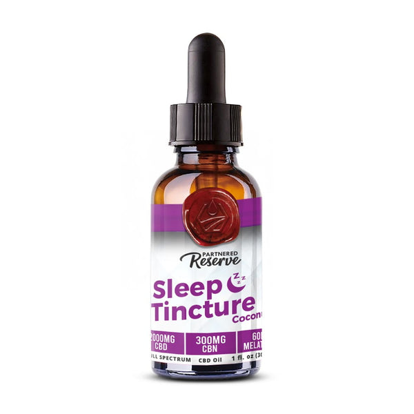 Partnered Reserve Sleep Tincture coconut flavor bottle containing 2000mg CBD 300mg CBN and 600mg melatonin.