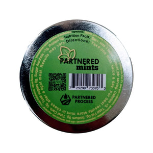 Back of Partnered Process Partnered Mints CBD mints tin showing nutrition facts ingredients and directions.
