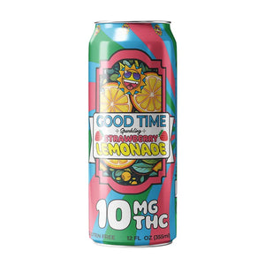 Good Time Sparkling Strawberry Lemonade 10mg THC infused beverage can with colorful fruit illustration.