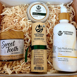 Holiday CBD gift box with gummies jar, full-spectrum tincture, relief rub tin, and citrus moisturizing lotion nested in.