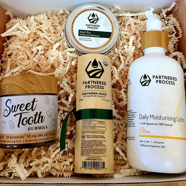 Holiday CBD gift box with gummies jar, full-spectrum tincture, relief rub tin, and citrus moisturizing lotion nested in.