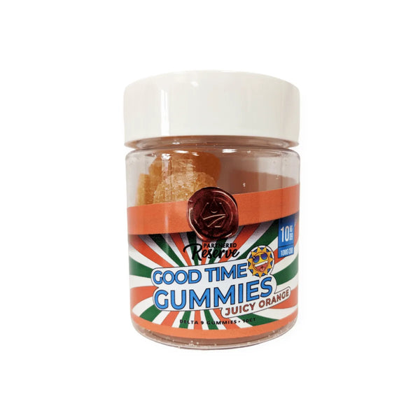 Jar of Juicy Orange 10mg Delta 9 THC and CBD gummies, 10-count.