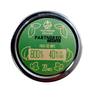 Partnered Process Partnered Mints fresh CBD mints tin containing 800mg CBD with 40mg per mint and 20 mints total.