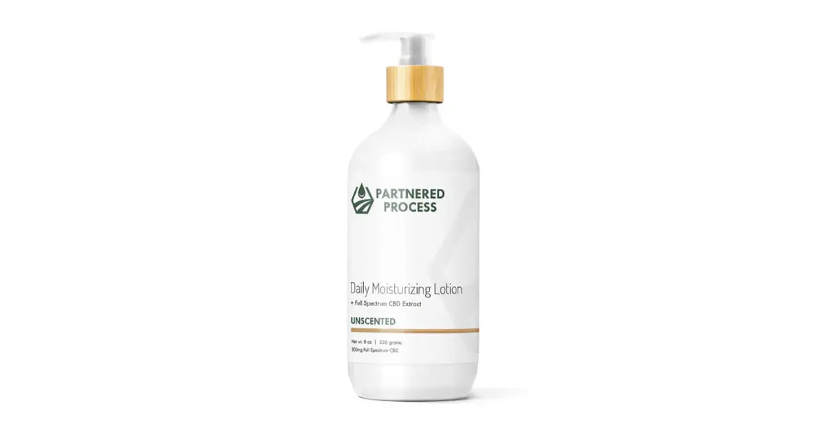 CBD moisturizing lotion in a white pump bottle labeled "Daily Moisturizing Lotion" with full spectrum CBD extract.