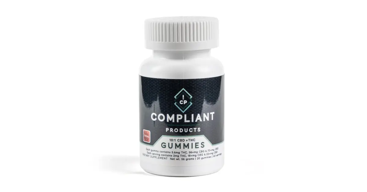 CBD gummies benefits featured in Compliant Products bottle with CBD, THC, and CBG blend.