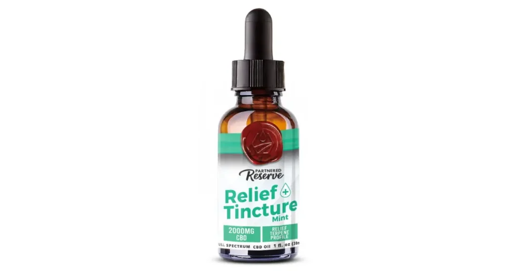CBD oil potency shown in Partnered Reserve Relief Tincture with 2000mg full spectrum formula.