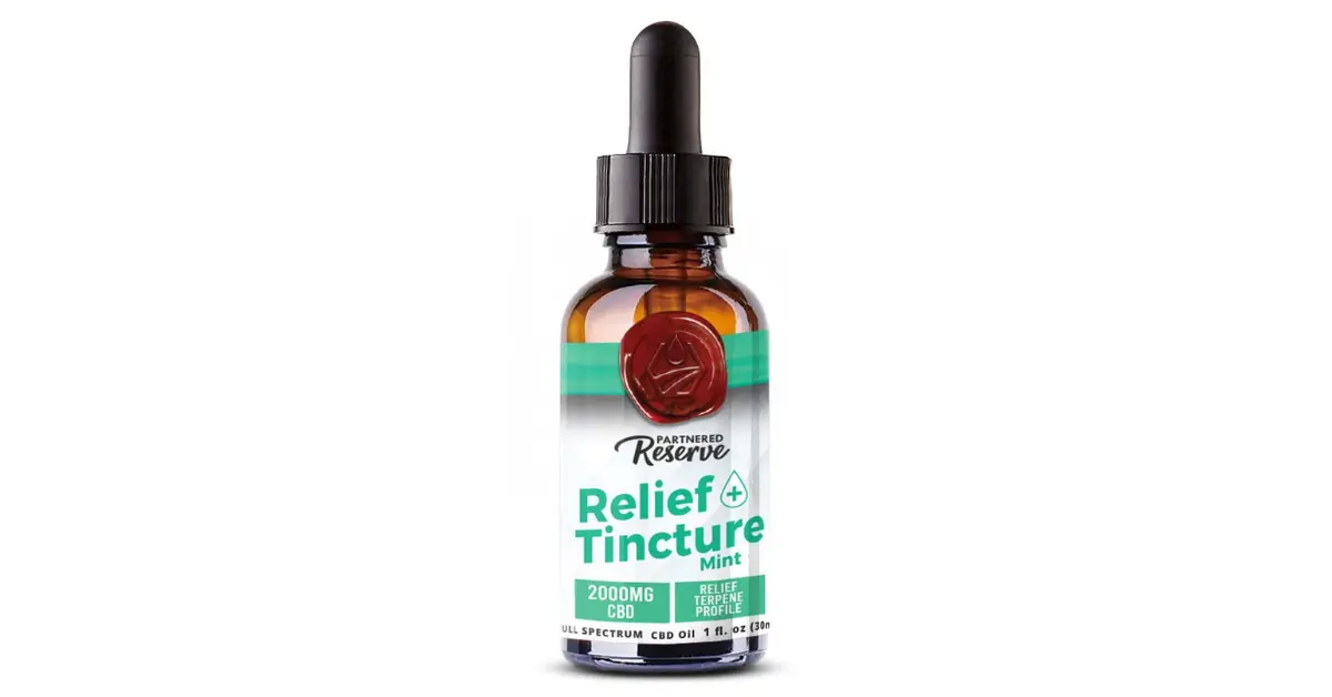 CBD oil potency shown in Partnered Reserve Relief Tincture with 2000mg full spectrum formula.