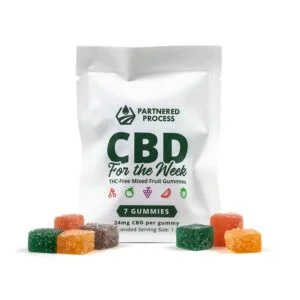 THC Free CBD Gummies for the Week package and gummies against a white background