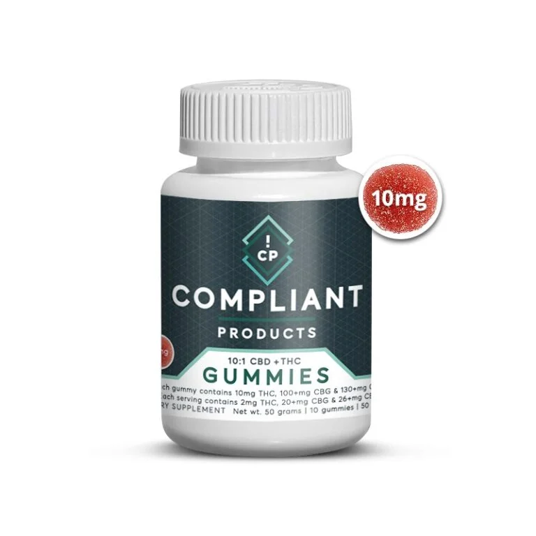 Compliant Products - 10mg D9 THC - 10:1 CBD + THC Gummies - 10 Count Jar • Partnered Process LLC