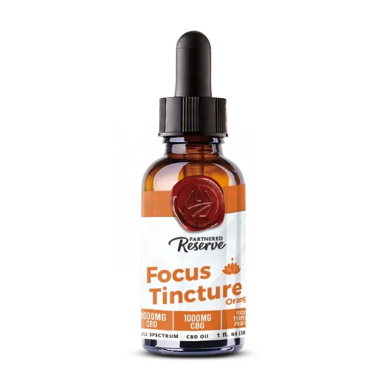 CBD focus tincture in orange flavor from Partnered Reserve with 1000mg CBD, 1000mg CBG, and full spectrum terpene profile.