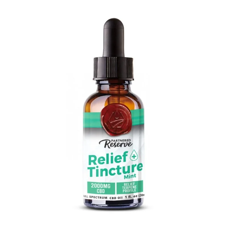 2000mg CBD tincture in mint flavor from Partnered Reserve with full spectrum relief terpene profile in a dropper bottle.
