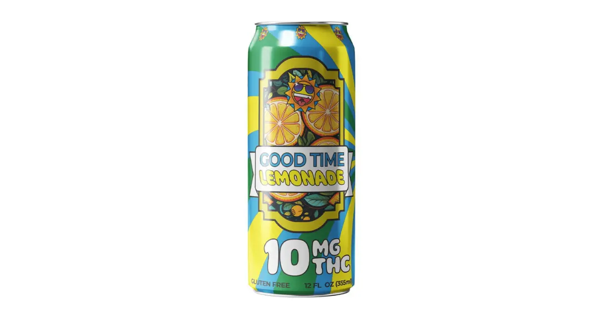 Cannabis-infused beverages like Good Time Lemonade with 10mg THC in colorful 12oz can.