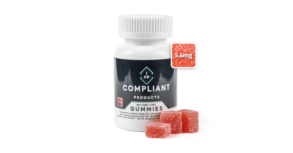 Bioavailability of cannabinoids shown in 5.6mg THC Compliant Products CBD + THC gummies.