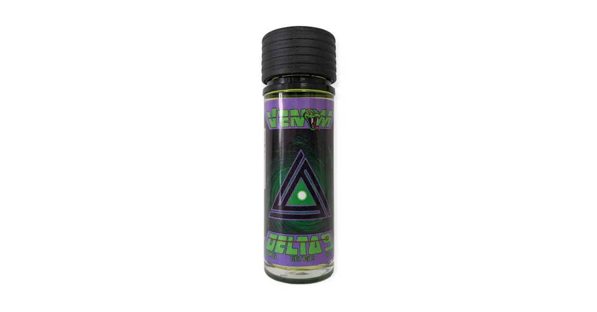 Delta-9 edibles product labeled Venom in sealed glass container with vibrant psychedelic design.